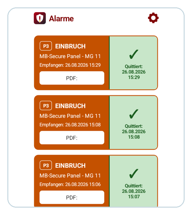 Alarmübersicht der SecureTec Alarmserver-App für WINMAG plus